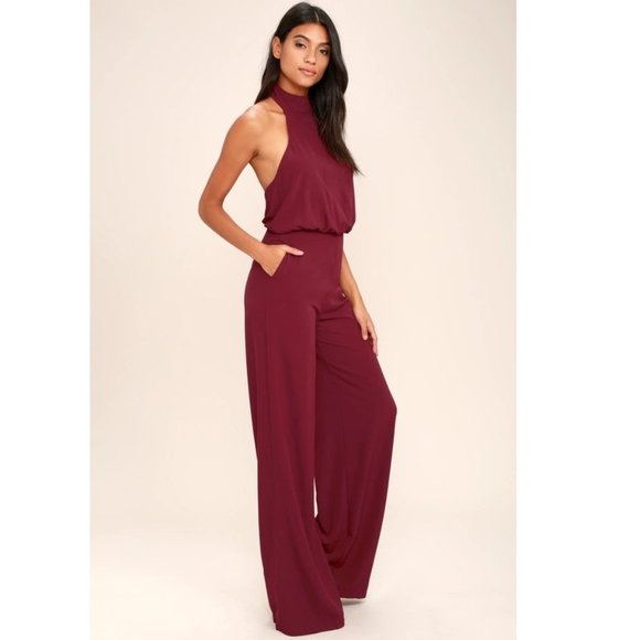 Lulus Pants - Lulu's Moment for Life Wine Halter Jumpsui…